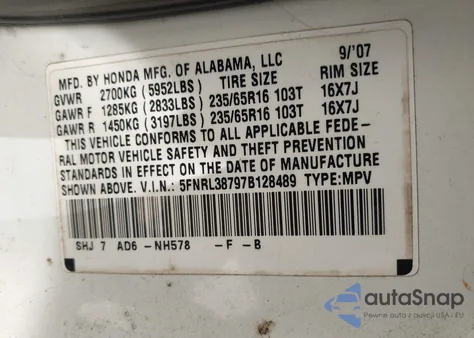 2007 Honda Odyssey Ex-L из США, поврежденный, VIN 5FNRL38797B128489